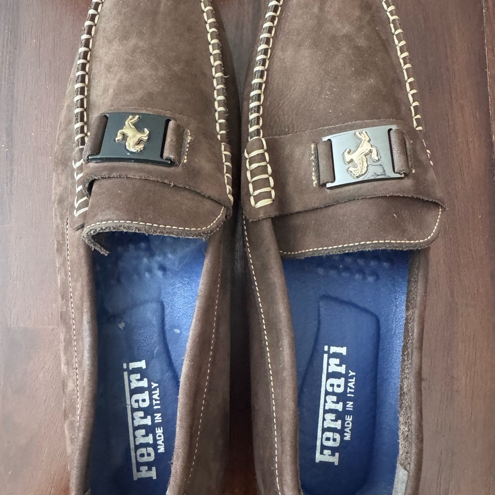 Ferrari Brown Suede Driving Loafers with Gold Emblem